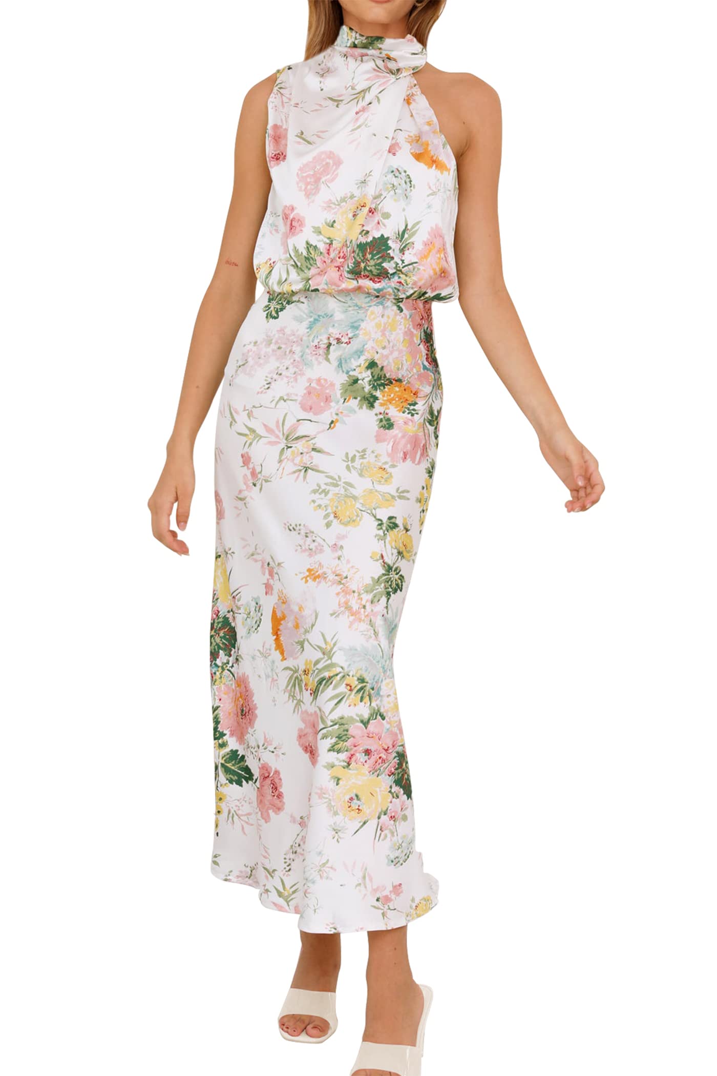 PRETTYGARDEN Women's 2025 Summer Satin Dress Elegant Sleeveless Mock Neck Cocktail Party Maxi Dresses