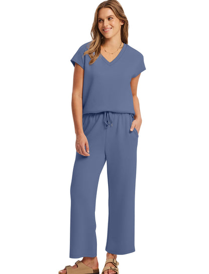 Saloogoe Two Piece Sets for Women Summer Outfits Lounge Sets V Neck Tops Wide Leg Pants Woman Vacation Travel Outfits
