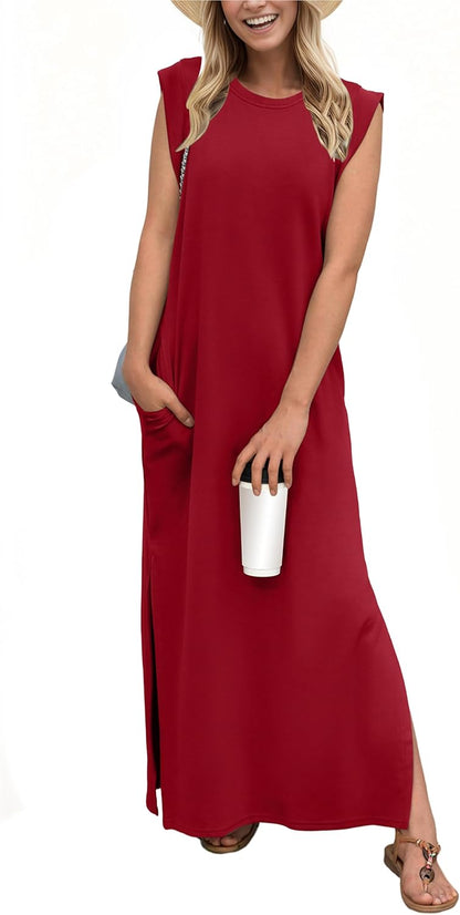 GRECERELLE 2025 Women Year-Round Casual Round Neck Loose Split Wrinkle-Free Long Maxi Vacation Dress with Pockets (XS-3XL)