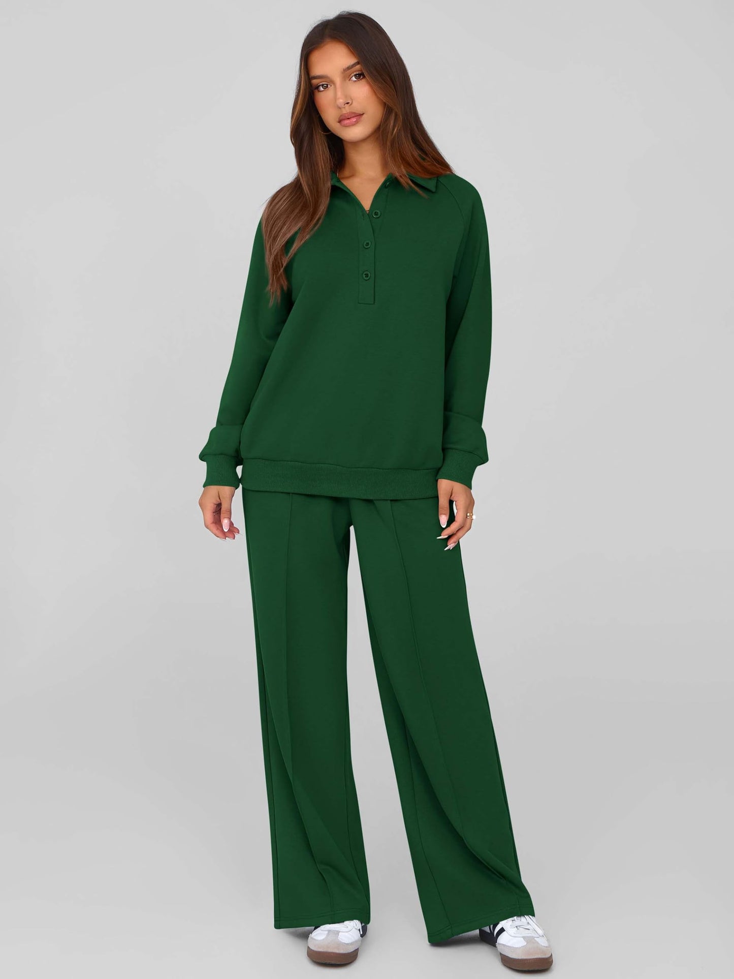 PRETTYGARDEN Women Fall 2 Piece Outfits Sweatsuits Quarter Button Long Sleeve Sweatshirt Wide Leg Pants Tracksuit Lounge Sets