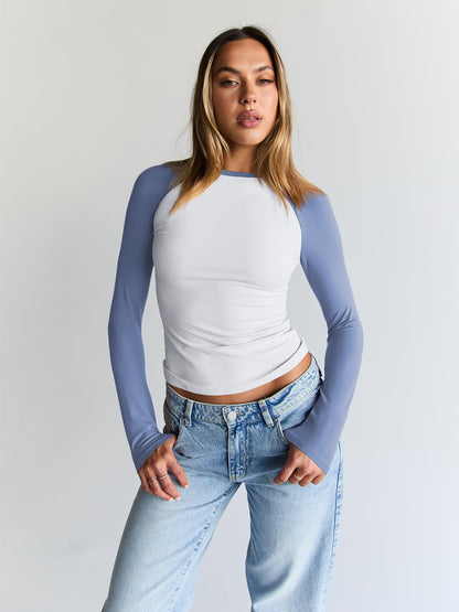 Trendy Queen Women's Long Sleeve Shirts Slim Fit Stretchy Color Block Slightly Cropped Tops