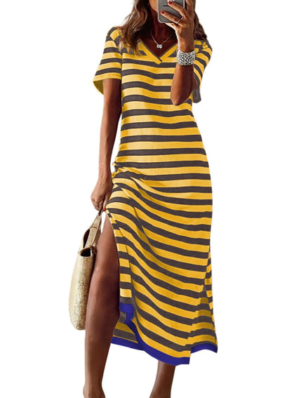 Dokotoo Summer Dress Casual Womens Fashion Short Sleeve Maxi Dress T Shirt Dress Striped Long Color Block Maxi Dress