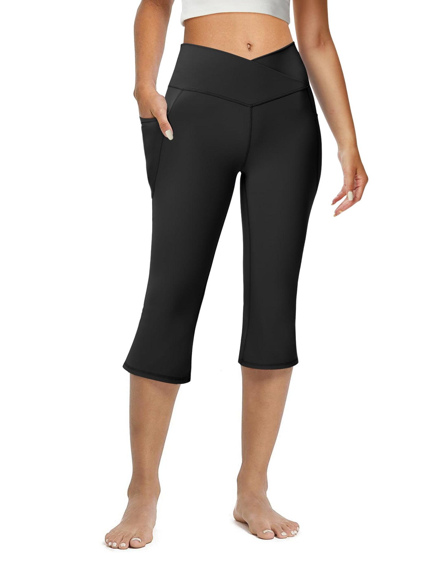 Women's Flare Leggings with Pockets-Crossover High Waisted Bootcut Yoga Pants-Tummy Control Bell Bottom Leggings