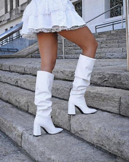 Women's Knee High Boots Slouch Pointed Toe Tall Block Heel Boots Pull On Fall Boots for Women