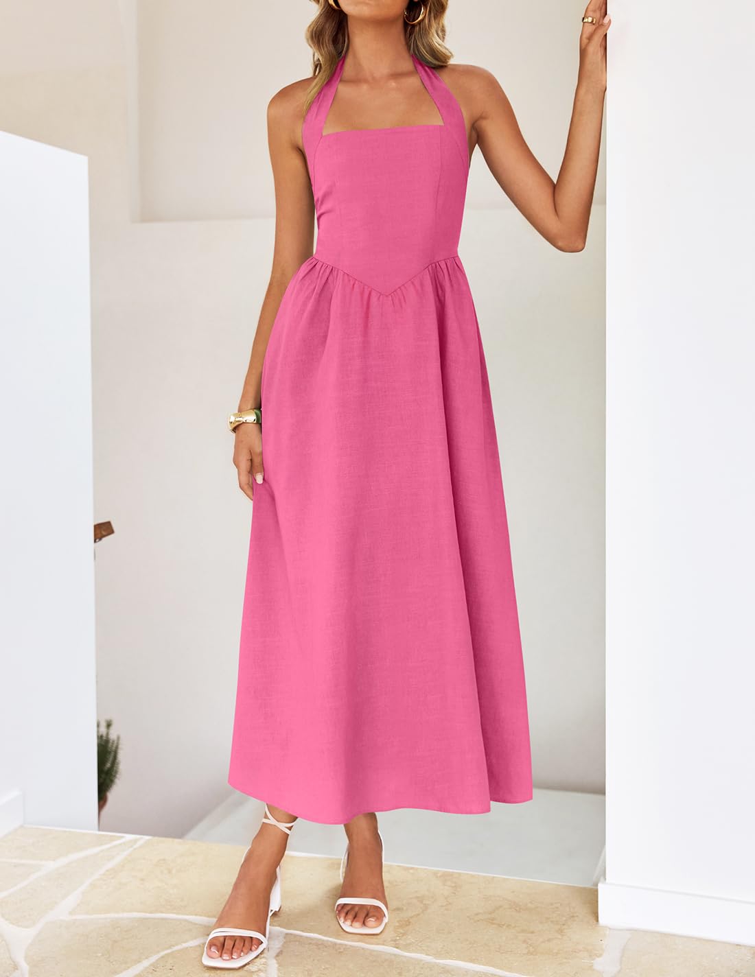 ZESICA Women's Summer Sleeveless Halter Midi Dress 2025 Off Shoulder High Waist Swing Flowy Beach Long Dresses