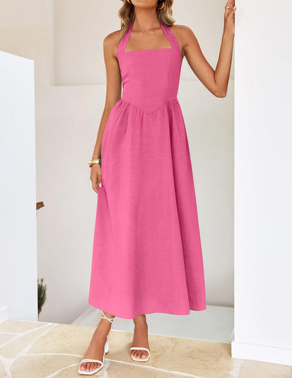 ZESICA Women's Summer Sleeveless Halter Midi Dress 2025 Off Shoulder High Waist Swing Flowy Beach Long Dresses