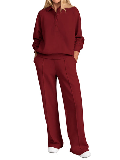 PRETTYGARDEN Women Fall 2 Piece Outfits Sweatsuits Quarter Button Long Sleeve Sweatshirt Wide Leg Pants Tracksuit Lounge Sets