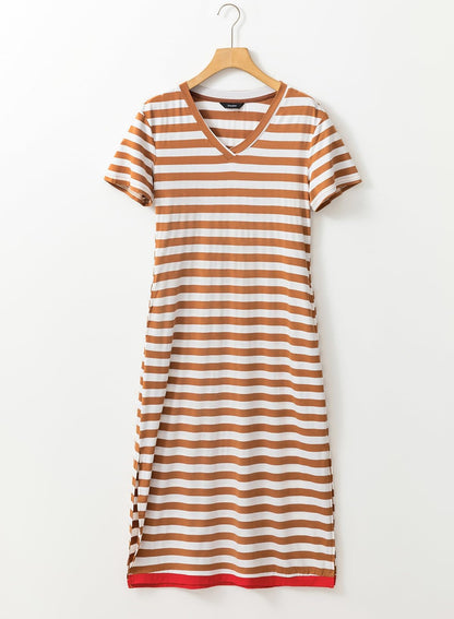 Dokotoo Summer Dress Casual Womens Fashion Short Sleeve Maxi Dress T Shirt Dress Striped Long Color Block Maxi Dress