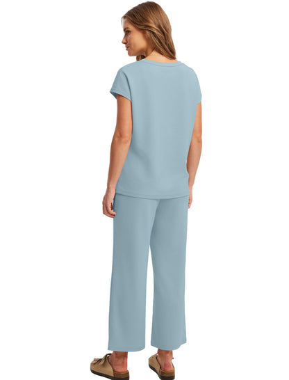 Saloogoe Two Piece Sets for Women Summer Outfits Lounge Sets V Neck Tops Wide Leg Pants Woman Vacation Travel Outfits