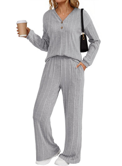 Dokotoo 2 Piece Lounge Sets for Women Ribbed Knit Button V Neck Long Sleeve Tops Matching Pants Pajamas Set 2025 Fall Outfits