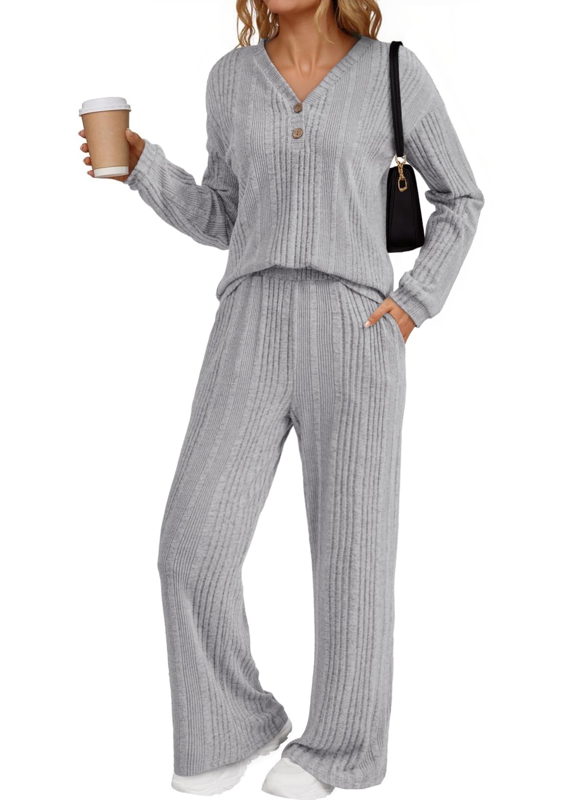 Dokotoo 2 Piece Lounge Sets for Women Ribbed Knit Button V Neck Long Sleeve Tops Matching Pants Pajamas Set 2025 Fall Outfits
