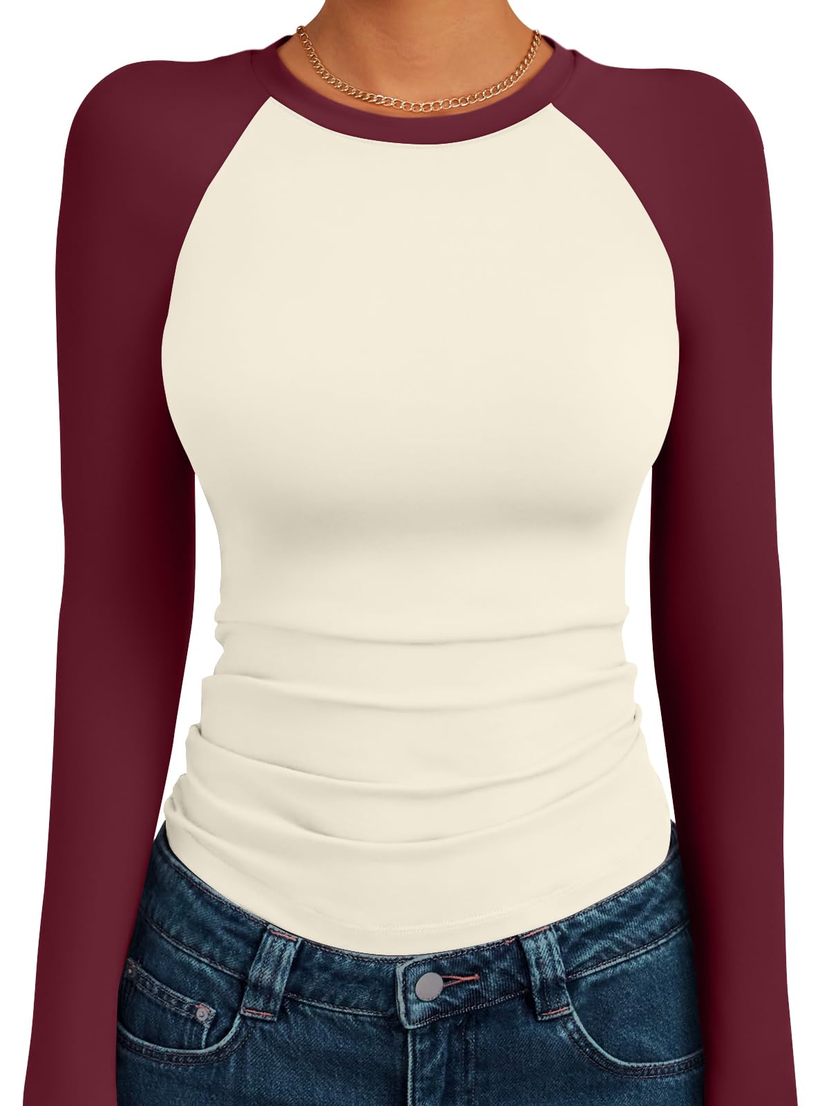 Trendy Queen Women's Long Sleeve Shirts Slim Fit Stretchy Color Block Slightly Cropped Tops
