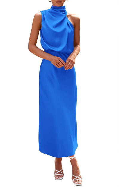 PRETTYGARDEN Women's 2025 Summer Satin Dress Elegant Sleeveless Mock Neck Cocktail Party Maxi Dresses