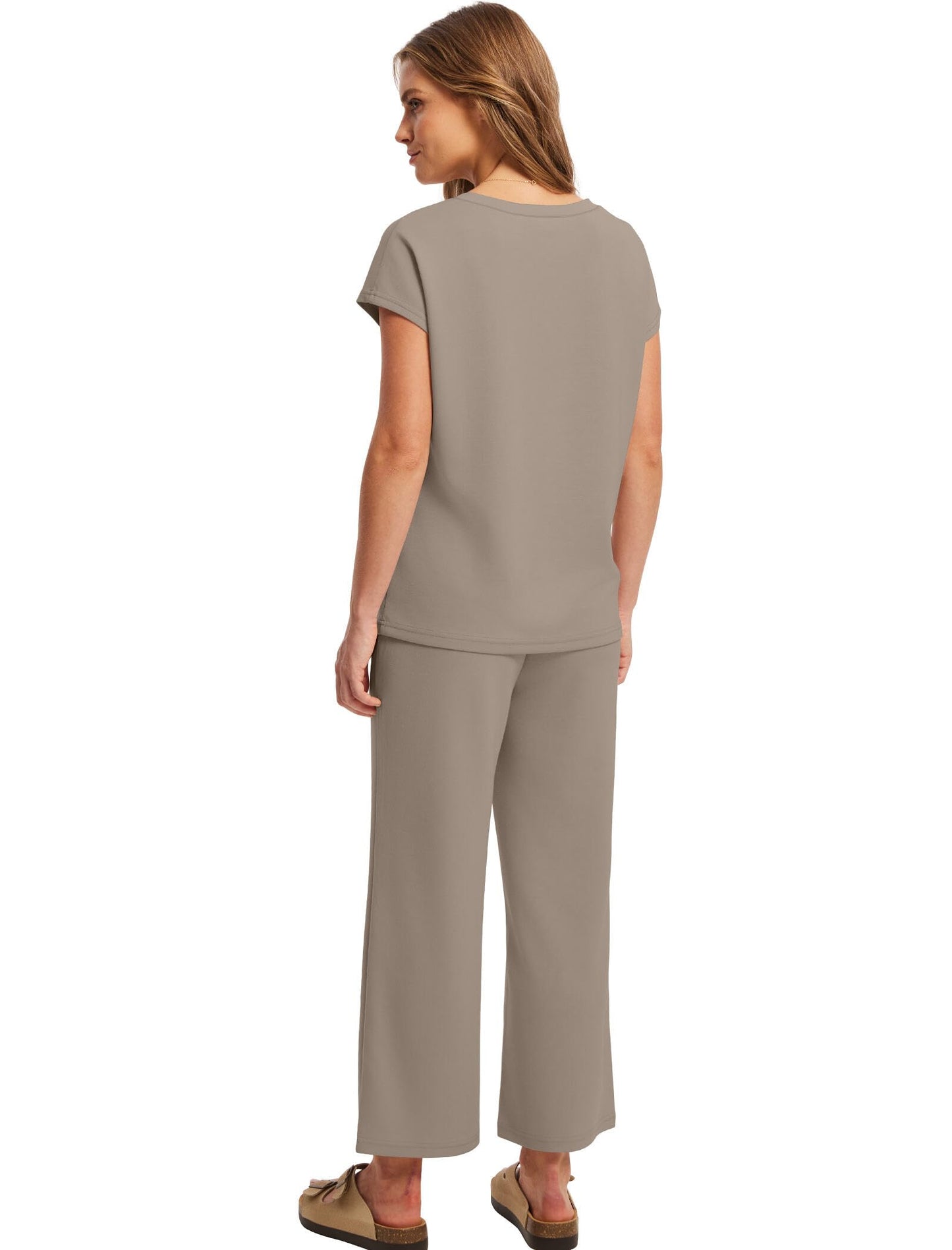 Saloogoe Two Piece Sets for Women Summer Outfits Lounge Sets V Neck Tops Wide Leg Pants Woman Vacation Travel Outfits