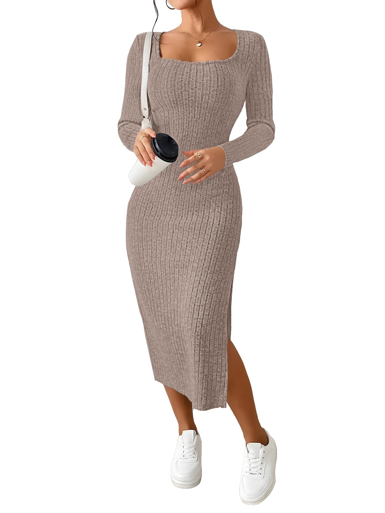 ETCYY NEW Womens Fall Dresses Square Neck Knitted Elastic Basic Winter Bodycon Versatile Slit Dress