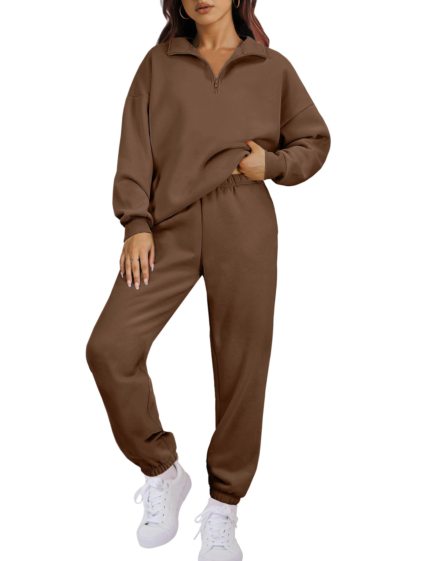 ANRABESS Women 2 Piece Outfits Sweatsuit Oversized Half Zip Sweatshirt Jogger Sweatpants Tracksuit Lounge Set 2025 Clothes