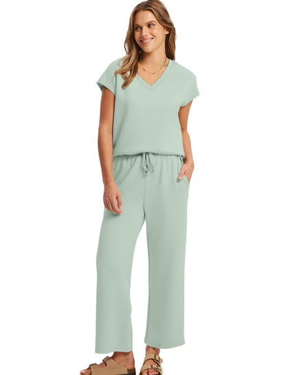 Saloogoe Two Piece Sets for Women Summer Outfits Lounge Sets V Neck Tops Wide Leg Pants Woman Vacation Travel Outfits