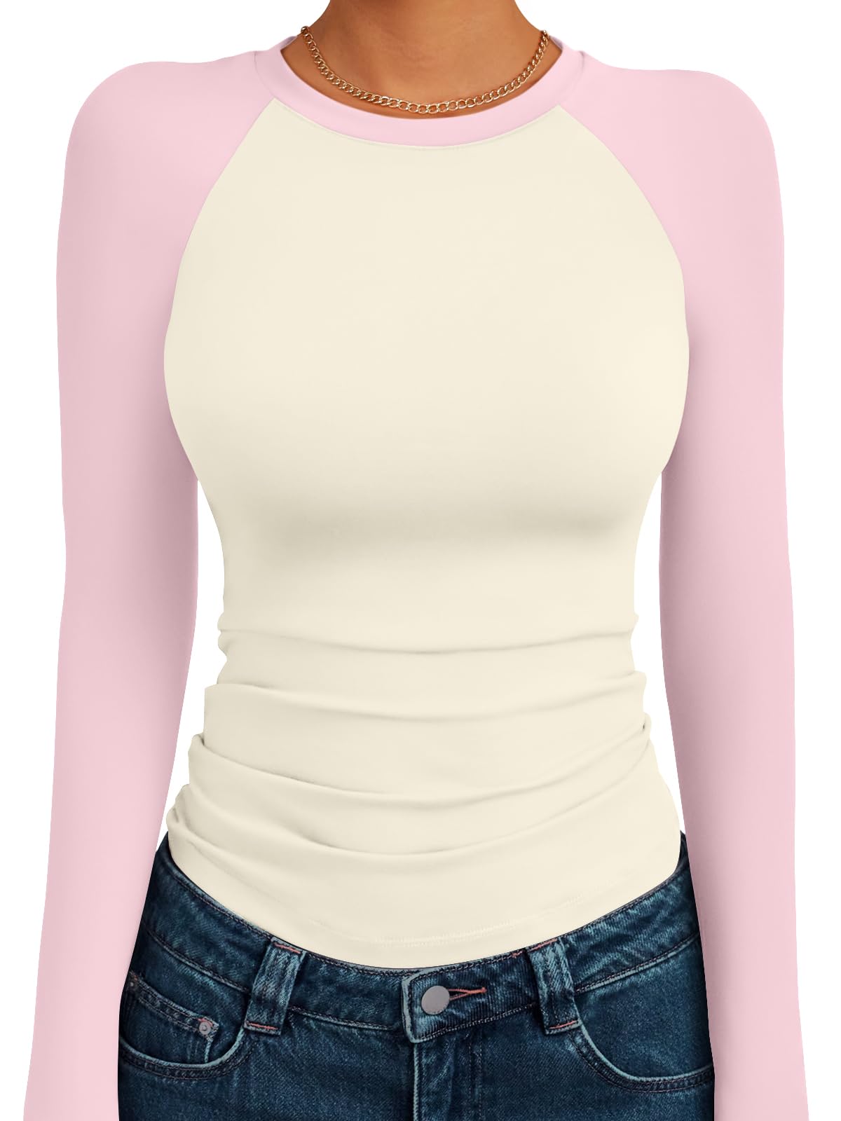 Trendy Queen Women's Long Sleeve Shirts Slim Fit Stretchy Color Block Slightly Cropped Tops