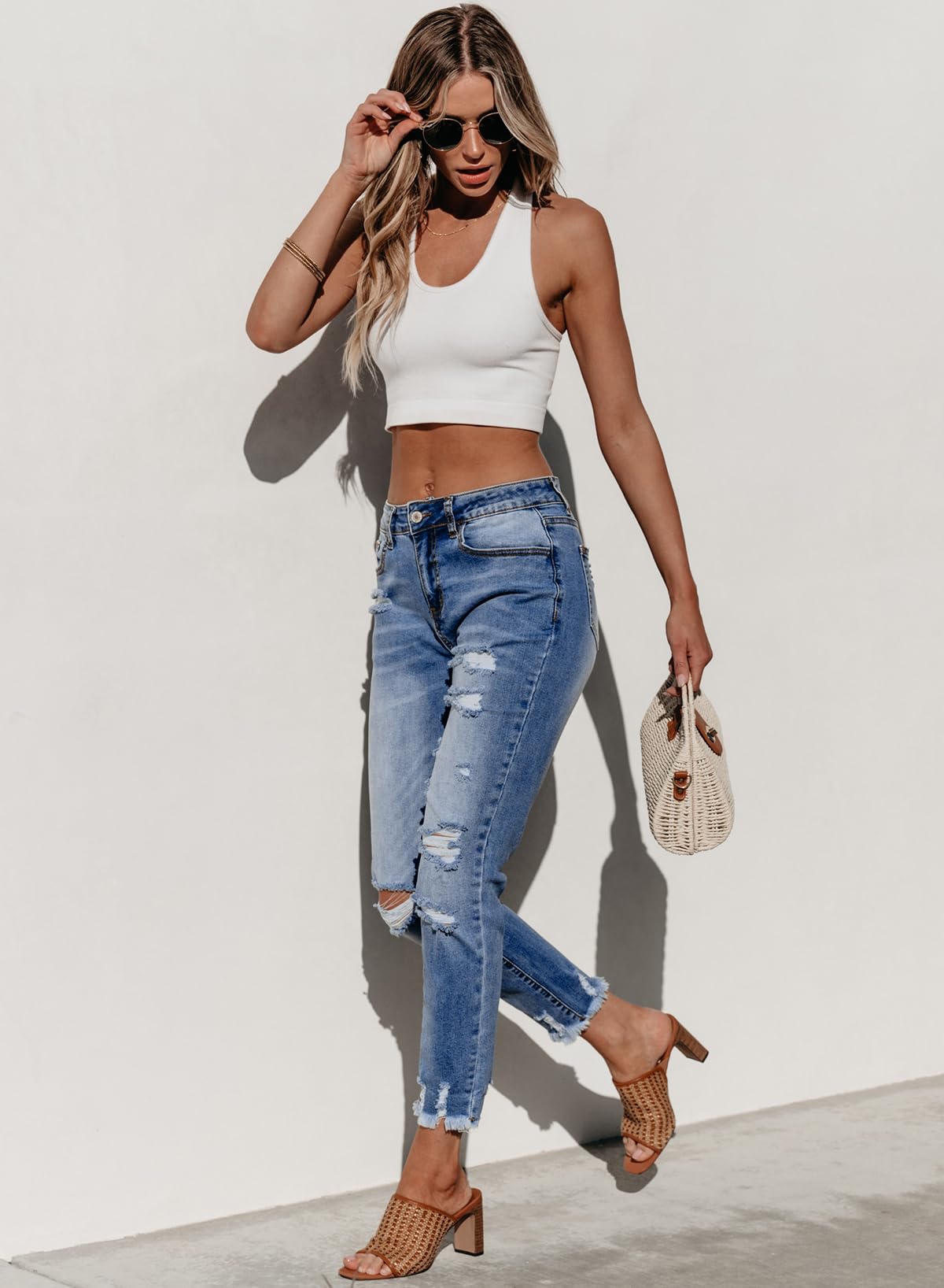Sidefeel Women's Ripped Jeans Straight Leg Distressed Boyfriend Denim Pants