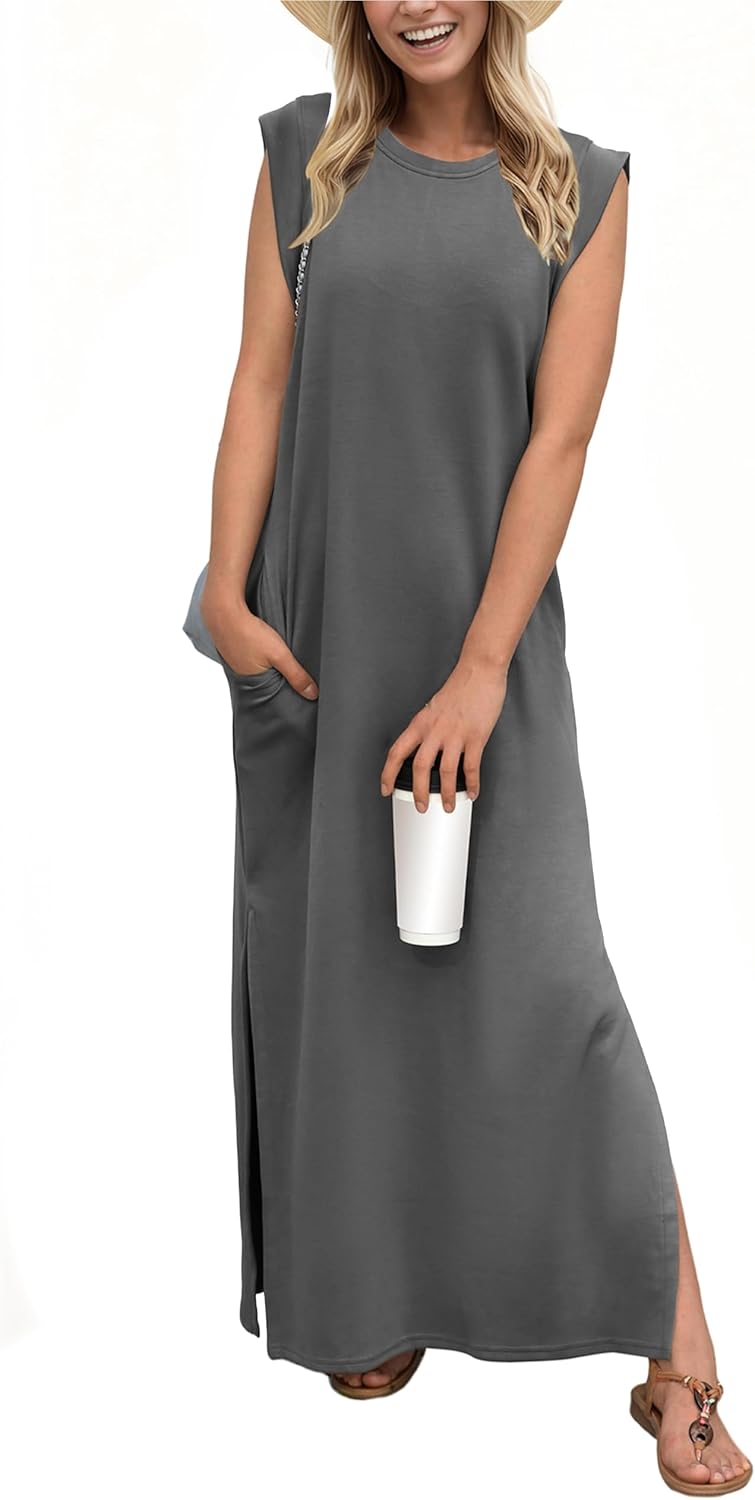 GRECERELLE 2025 Women Year-Round Casual Round Neck Loose Split Wrinkle-Free Long Maxi Vacation Dress with Pockets (XS-3XL)