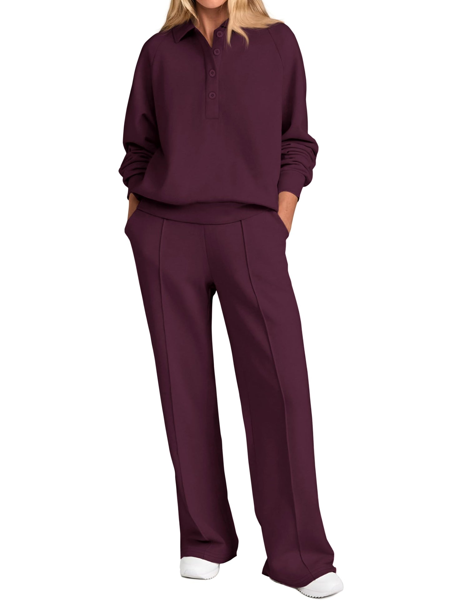 PRETTYGARDEN Women Fall 2 Piece Outfits Sweatsuits Quarter Button Long Sleeve Sweatshirt Wide Leg Pants Tracksuit Lounge Sets