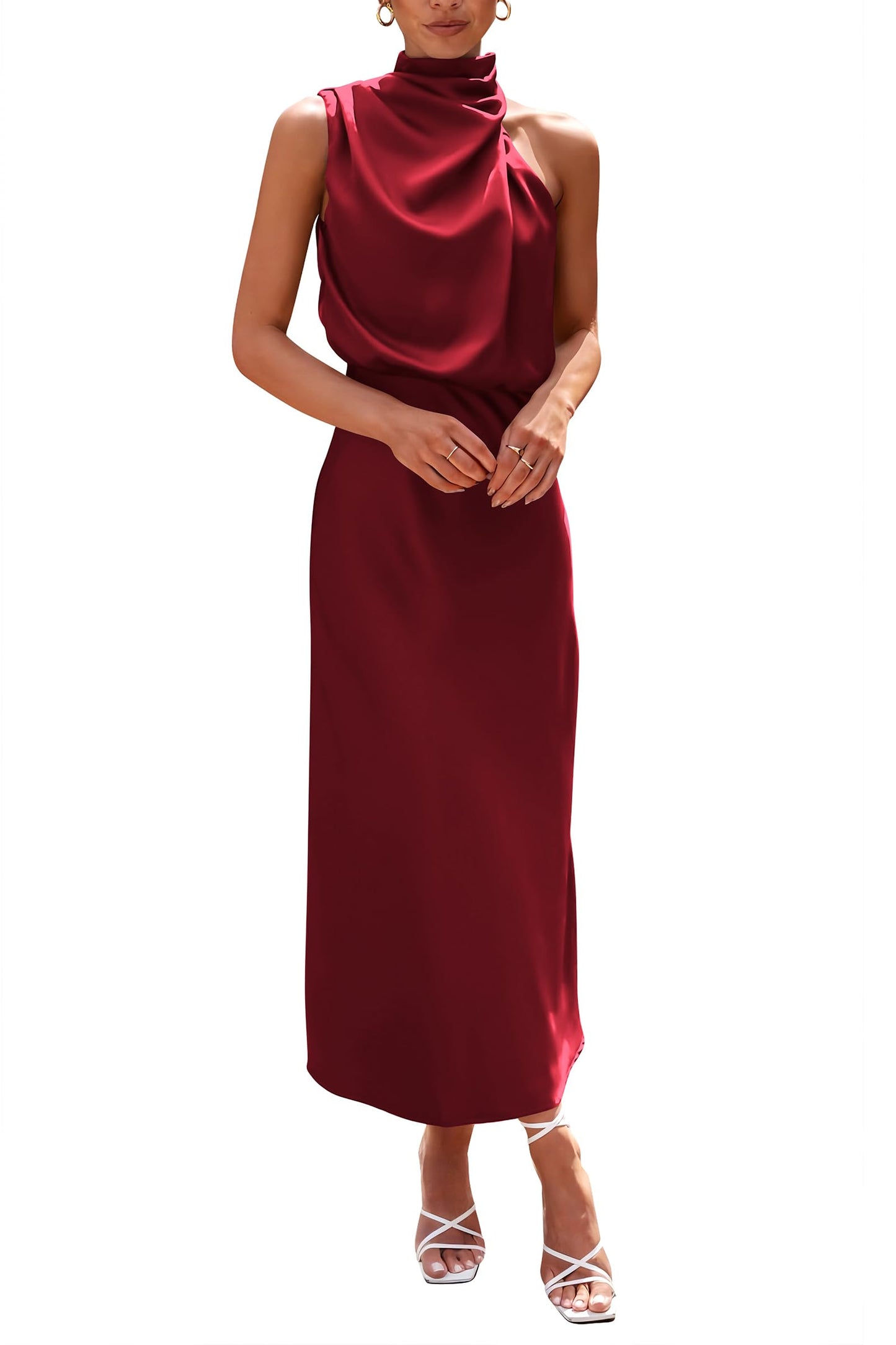 PRETTYGARDEN Women's 2025 Summer Satin Dress Elegant Sleeveless Mock Neck Cocktail Party Maxi Dresses