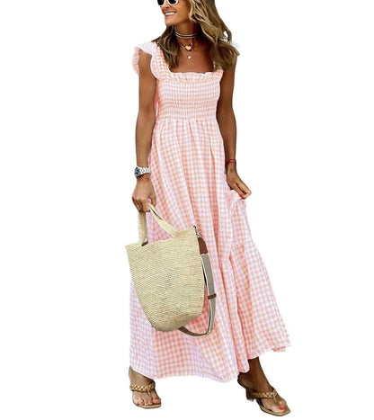 chouyatou Women's Retro Plaid Smocked Dress Spaghetti Strap Flounce Long Dress
