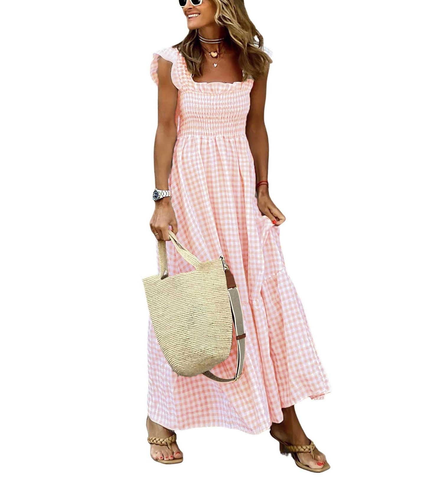 chouyatou Women's Retro Plaid Smocked Dress Spaghetti Strap Flounce Long Dress