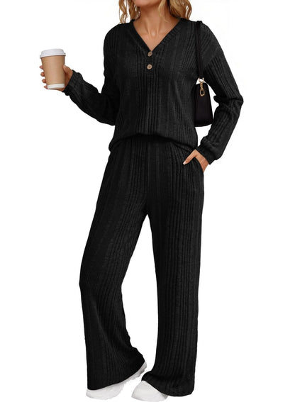 Dokotoo 2 Piece Lounge Sets for Women Ribbed Knit Button V Neck Long Sleeve Tops Matching Pants Pajamas Set 2025 Fall Outfits