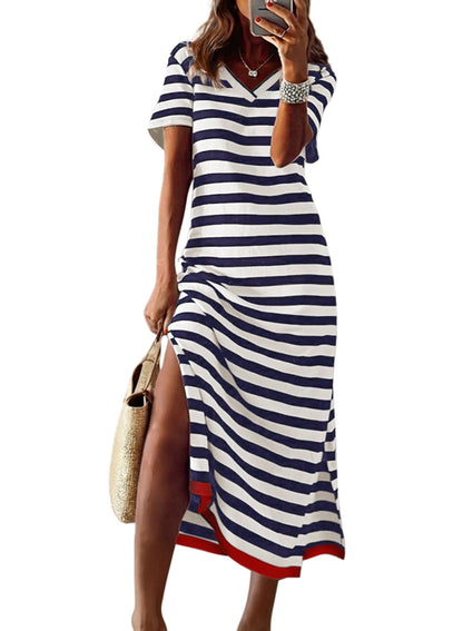 Dokotoo Summer Dress Casual Womens Fashion Short Sleeve Maxi Dress T Shirt Dress Striped Long Color Block Maxi Dress