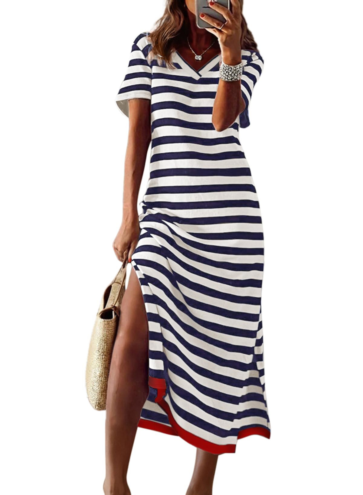 Dokotoo Summer Dress Casual Womens Fashion Short Sleeve Maxi Dress T Shirt Dress Striped Long Color Block Maxi Dress