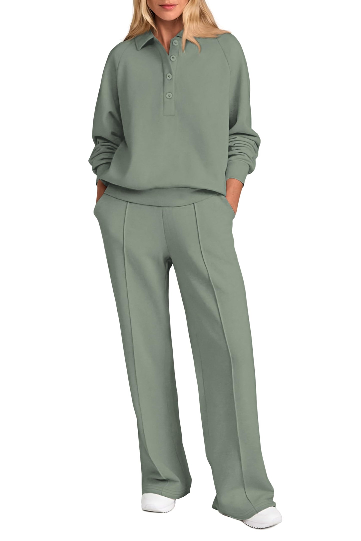 PRETTYGARDEN Women Fall 2 Piece Outfits Sweatsuits Quarter Button Long Sleeve Sweatshirt Wide Leg Pants Tracksuit Lounge Sets