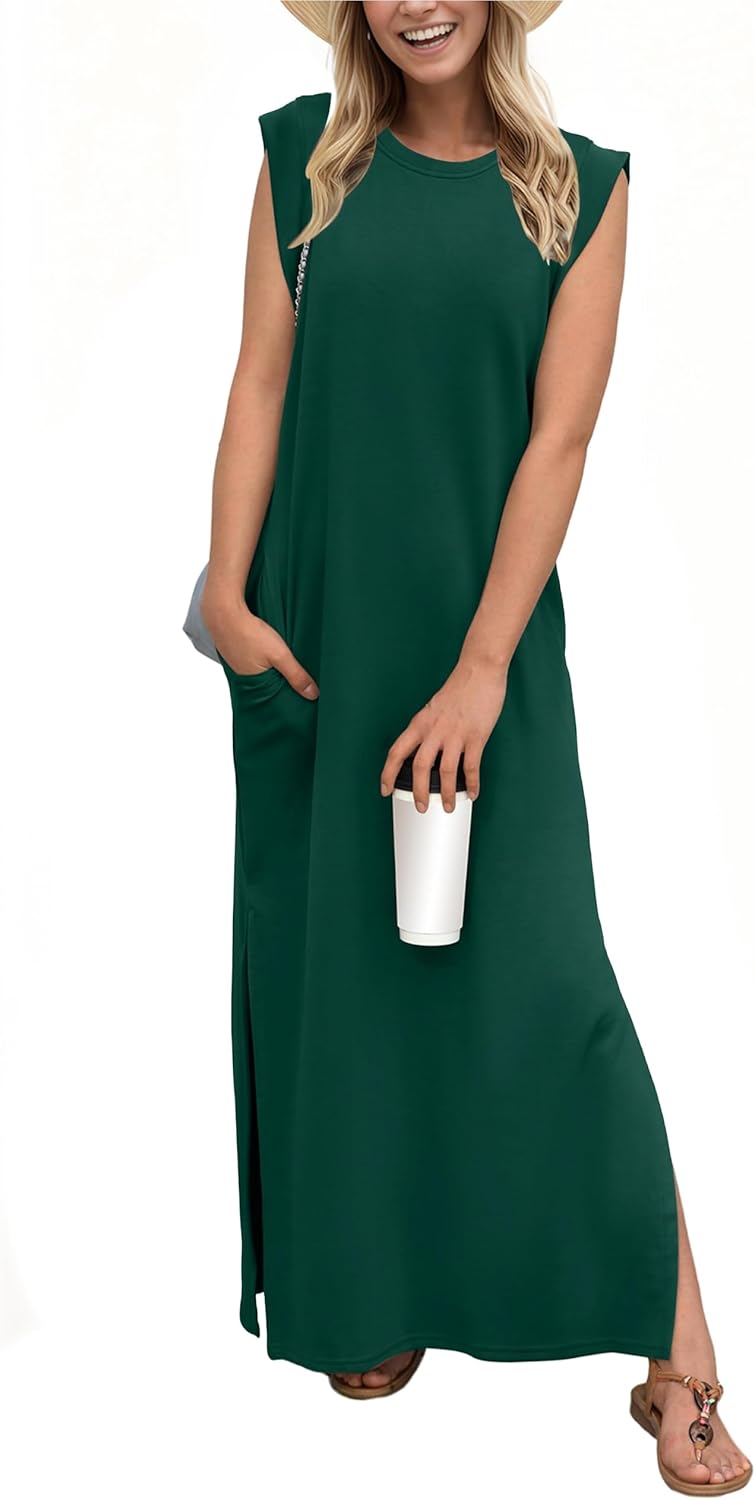 GRECERELLE 2025 Women Year-Round Casual Round Neck Loose Split Wrinkle-Free Long Maxi Vacation Dress with Pockets (XS-3XL)