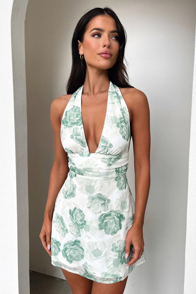 GOKATOSAU Women's Halter Deep V Neck Flowy Chiffon Bow Tie Backless Summer Mini Dress