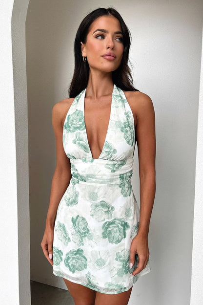 GOKATOSAU Women's Halter Deep V Neck Flowy Chiffon Bow Tie Backless Summer Mini Dress