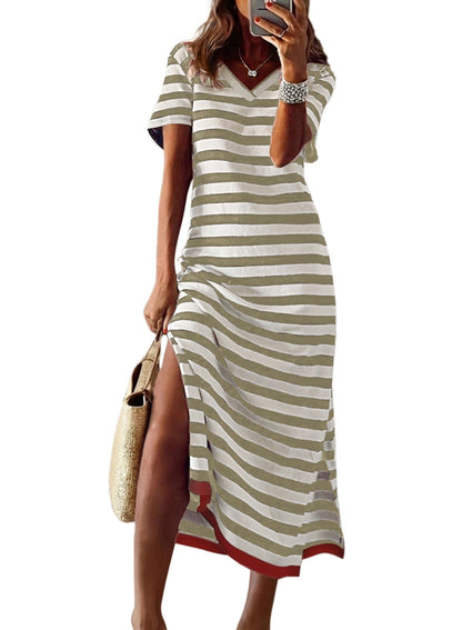 Dokotoo Summer Dress Casual Womens Fashion Short Sleeve Maxi Dress T Shirt Dress Striped Long Color Block Maxi Dress