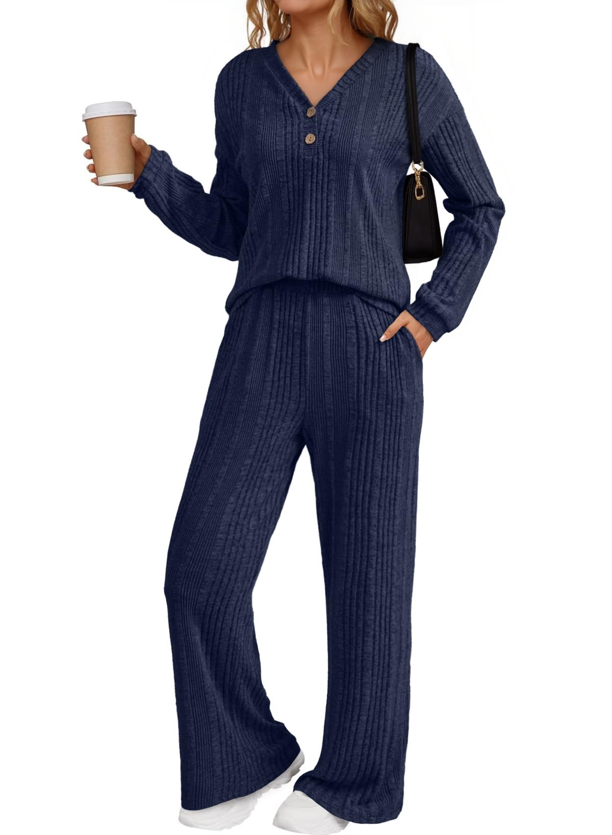 Dokotoo 2 Piece Lounge Sets for Women Ribbed Knit Button V Neck Long Sleeve Tops Matching Pants Pajamas Set 2025 Fall Outfits