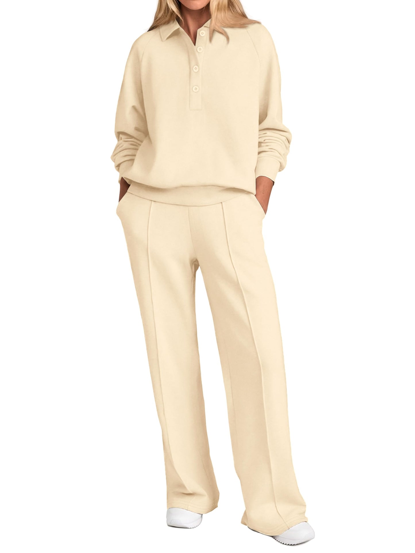 PRETTYGARDEN Women Fall 2 Piece Outfits Sweatsuits Quarter Button Long Sleeve Sweatshirt Wide Leg Pants Tracksuit Lounge Sets