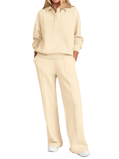 PRETTYGARDEN Women Fall 2 Piece Outfits Sweatsuits Quarter Button Long Sleeve Sweatshirt Wide Leg Pants Tracksuit Lounge Sets