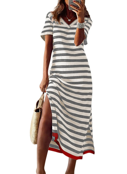 Dokotoo Summer Dress Casual Womens Fashion Short Sleeve Maxi Dress T Shirt Dress Striped Long Color Block Maxi Dress