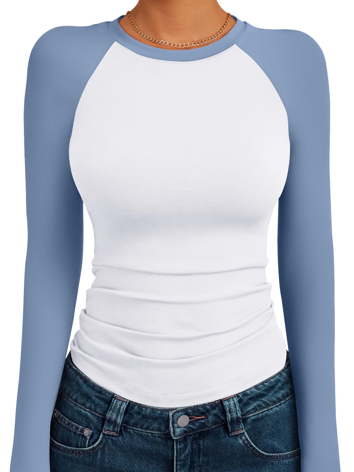 Trendy Queen Women's Long Sleeve Shirts Slim Fit Stretchy Color Block Slightly Cropped Tops