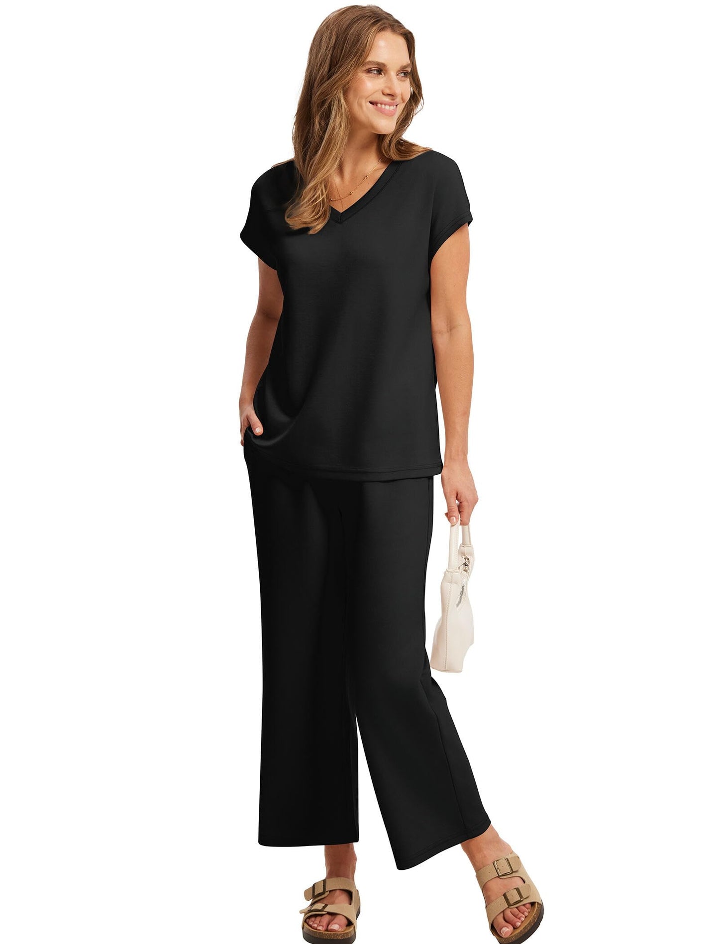 Saloogoe Two Piece Sets for Women Summer Outfits Lounge Sets V Neck Tops Wide Leg Pants Woman Vacation Travel Outfits