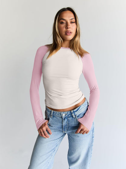 Trendy Queen Women's Long Sleeve Shirts Slim Fit Stretchy Color Block Slightly Cropped Tops