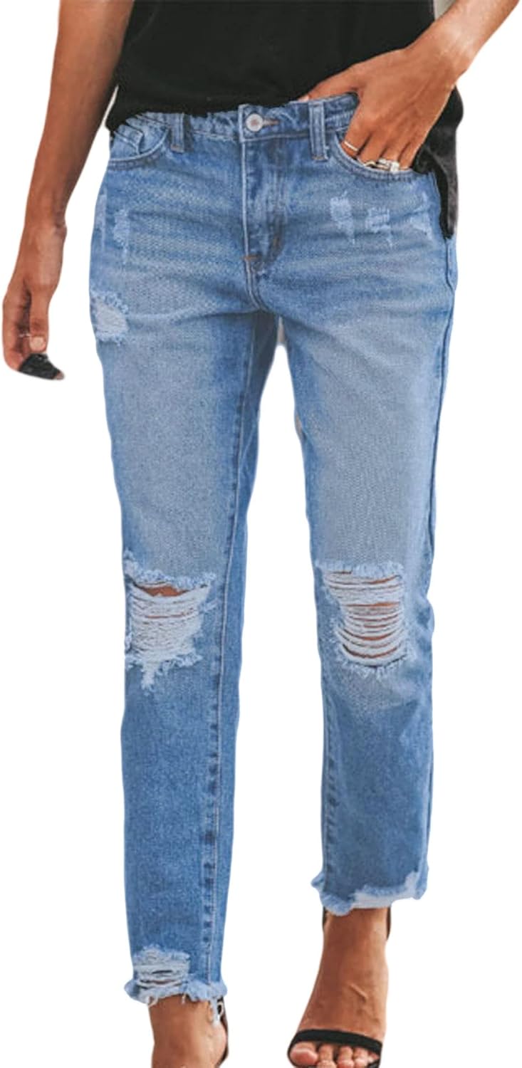 CHARTOU Women's Distressed Ripped Denim Jeans Cropped Capris Pants
