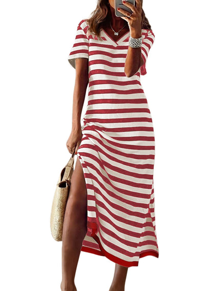 Dokotoo Summer Dress Casual Womens Fashion Short Sleeve Maxi Dress T Shirt Dress Striped Long Color Block Maxi Dress