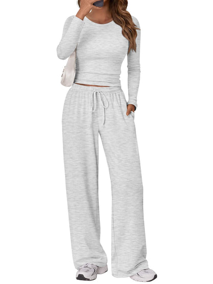 Trendy Queen Women's 2 Piece Matching Lounge Set Long Sleeve Slightly Crop Top Wide Leg Pants Casual Sweatsuit
