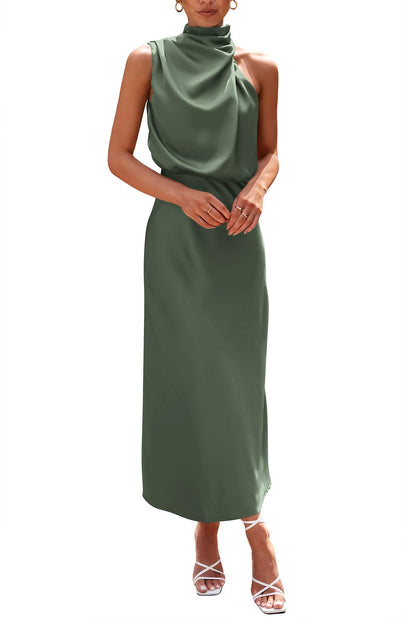 PRETTYGARDEN Women's 2025 Summer Satin Dress Elegant Sleeveless Mock Neck Cocktail Party Maxi Dresses