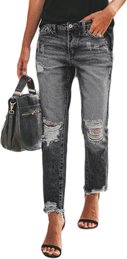 CHARTOU Women's Distressed Ripped Denim Jeans Cropped Capris Pants