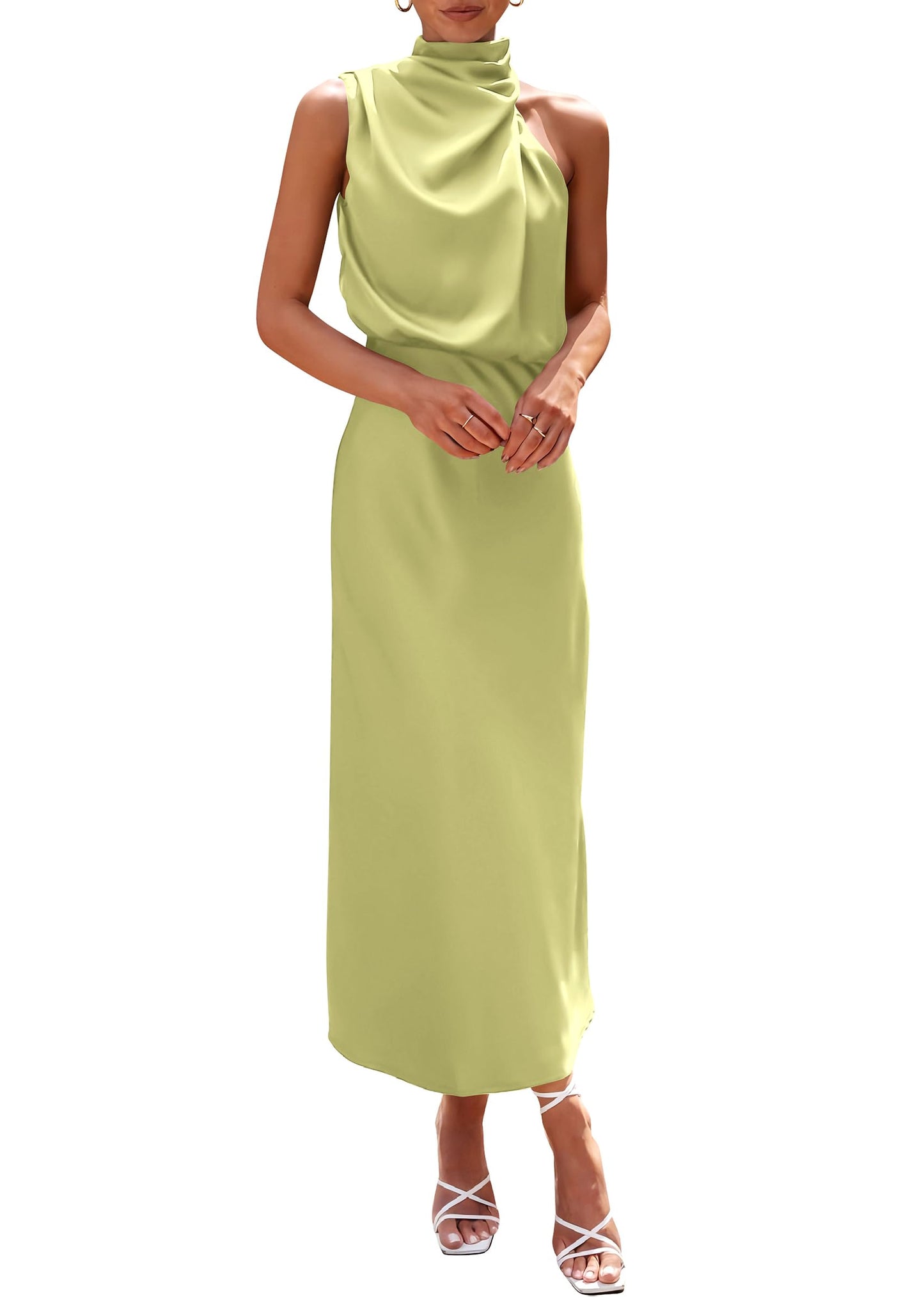 PRETTYGARDEN Women's 2025 Summer Satin Dress Elegant Sleeveless Mock Neck Cocktail Party Maxi Dresses