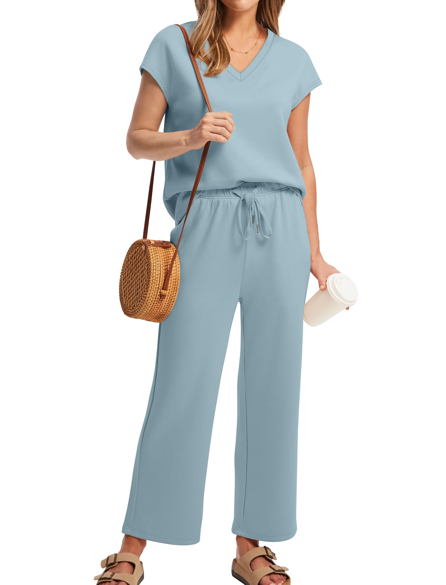 Saloogoe Two Piece Sets for Women Summer Outfits Lounge Sets V Neck Tops Wide Leg Pants Woman Vacation Travel Outfits